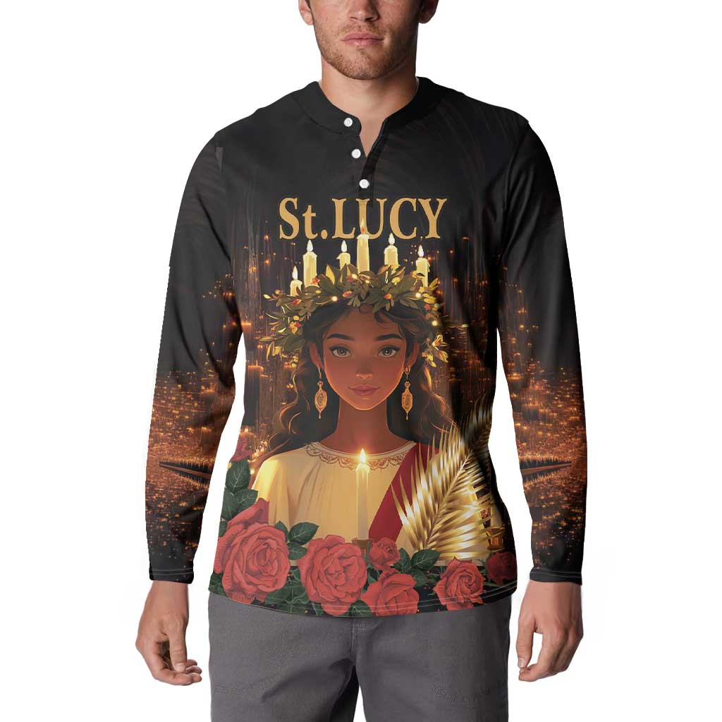 Black button sweatshirt with St. Lucy portrait, candles and roses, worn on model.