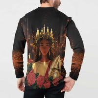 Black button sweatshirt back view with St. Lucy portrait, candles and roses, long sleeves.