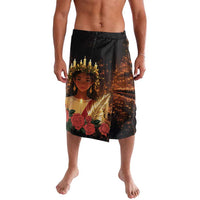 Black printed lavalava sarong skirt with portrait, flowers, and golden city lights
