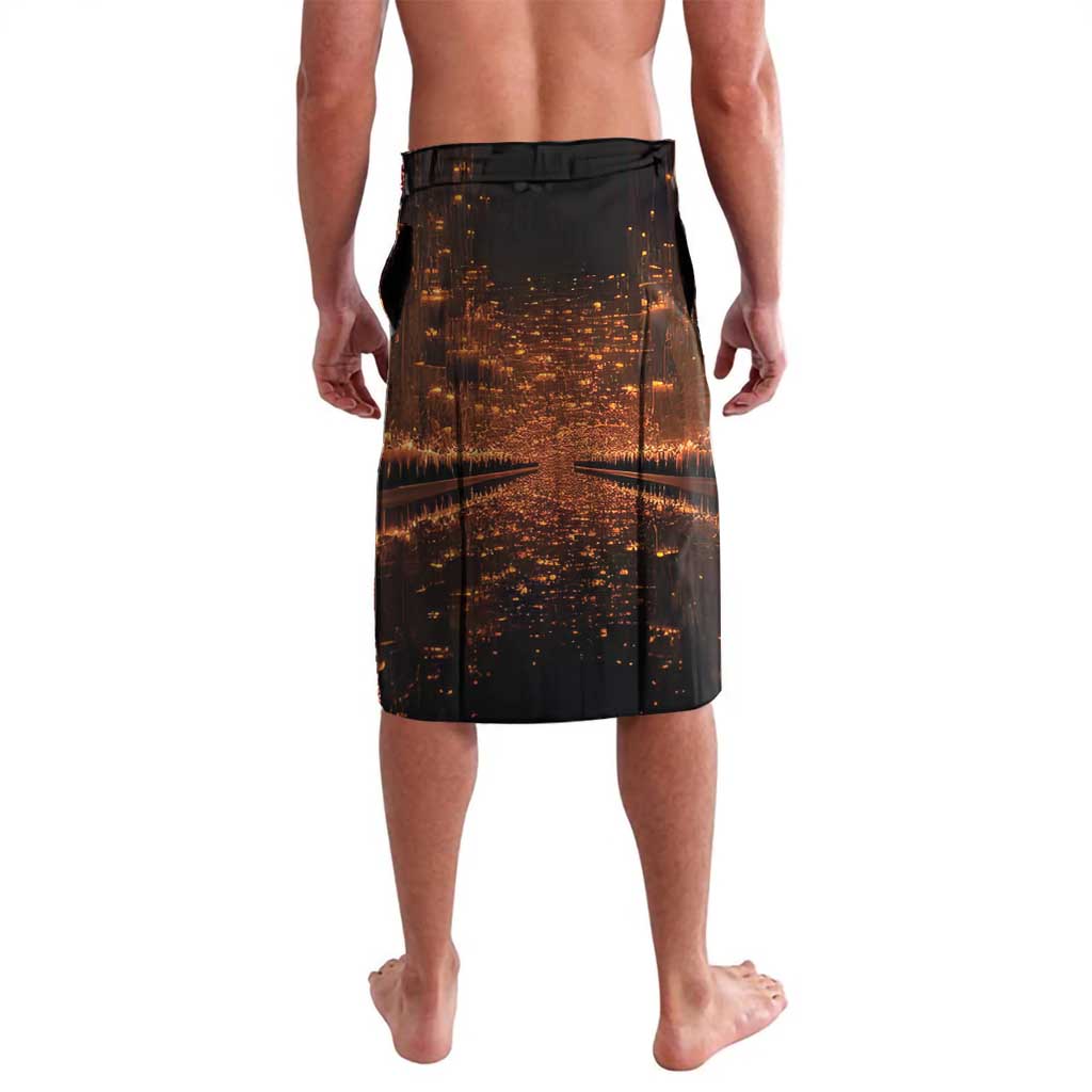 Black printed lavalava sarong skirt with golden city skyline and long stripe pattern