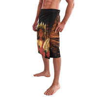 Black printed lavalava sarong skirt with woman portrait and tropical flower motif
