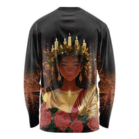 Unisex black long-sleeve shirt with St. Lucy back graphic, flowers, and candle lights