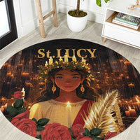 Black round carpet with Saint portrait, floral accents, and gold 'St. LUICY' print.
