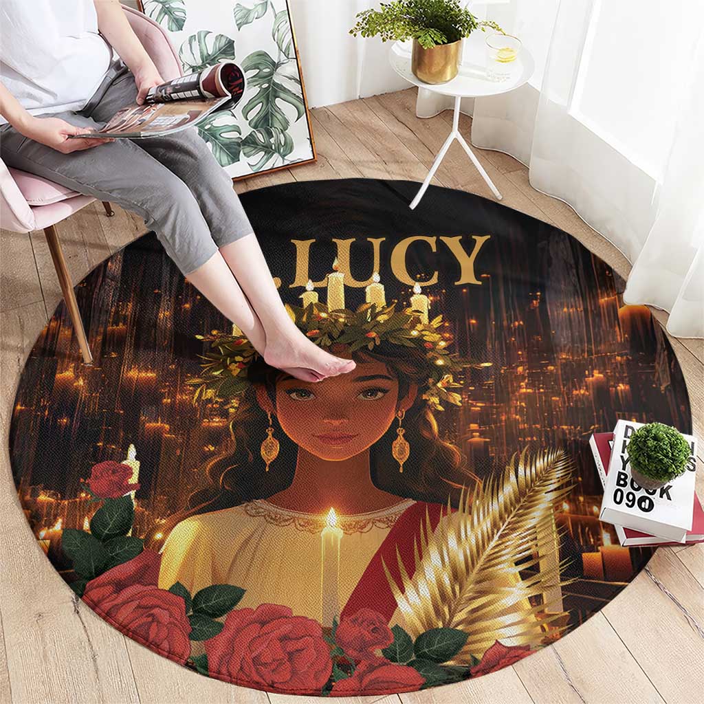 Black round carpet featuring Saint portrait with gold text and candles, floral border.
