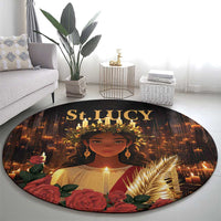 Black round carpet with centered Saint face, golden candle glow, and red rose details.