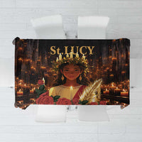 Black St. Lucy tablecloth with candlelit city scene and portrait center print