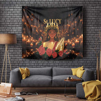 Black hanging tapestry with St. Lucy portrait, warm candles and rose flowers