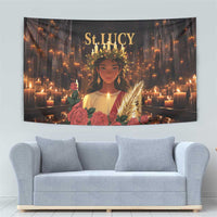 Black tapestry with St. Lucy lettering and portrait, surrounded by candles and roses