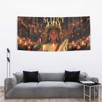 Black hanging tapestry showing St. Lucy portrait with candles, roses, and gold accents