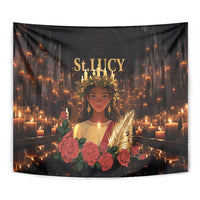 Close-up black tapestry corner with St. Lucy portrait, candles glow, and rose flowers