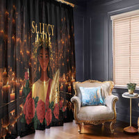 Black window curtain featuring St. Lucy portrait with candles and red roses, full length