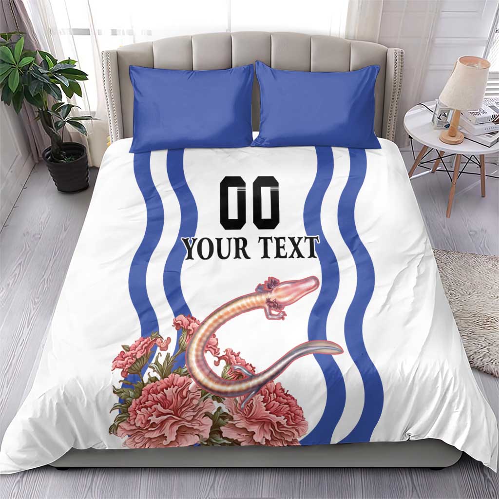 White duvet and pillowcases set with blue wave stripes, “YOUR TEXT” panel, pink flowers
