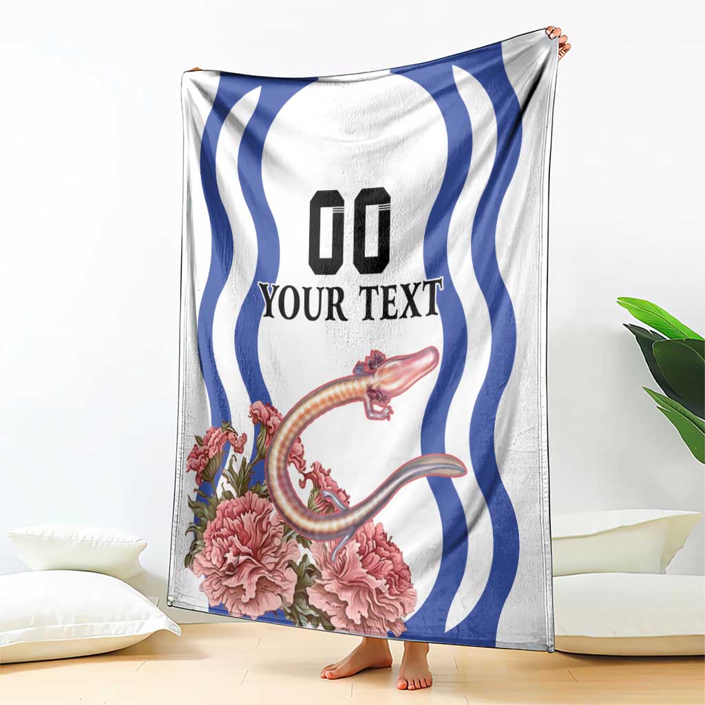 White throw blanket showing “YOUR TEXT” over blue waves with pink flowers