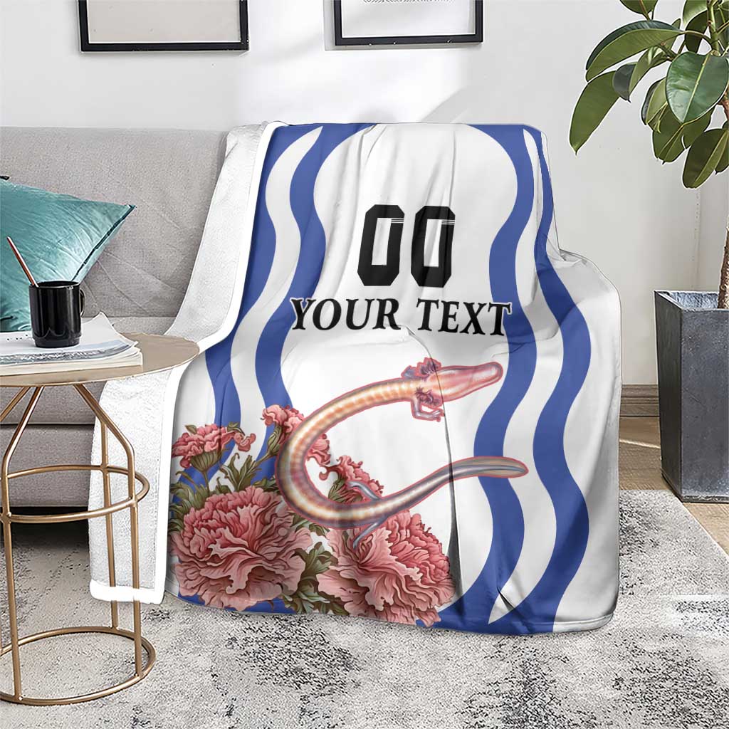 White blanket over gray seat with blue wavy stripes, pink flowers, and “YOUR TEXT”