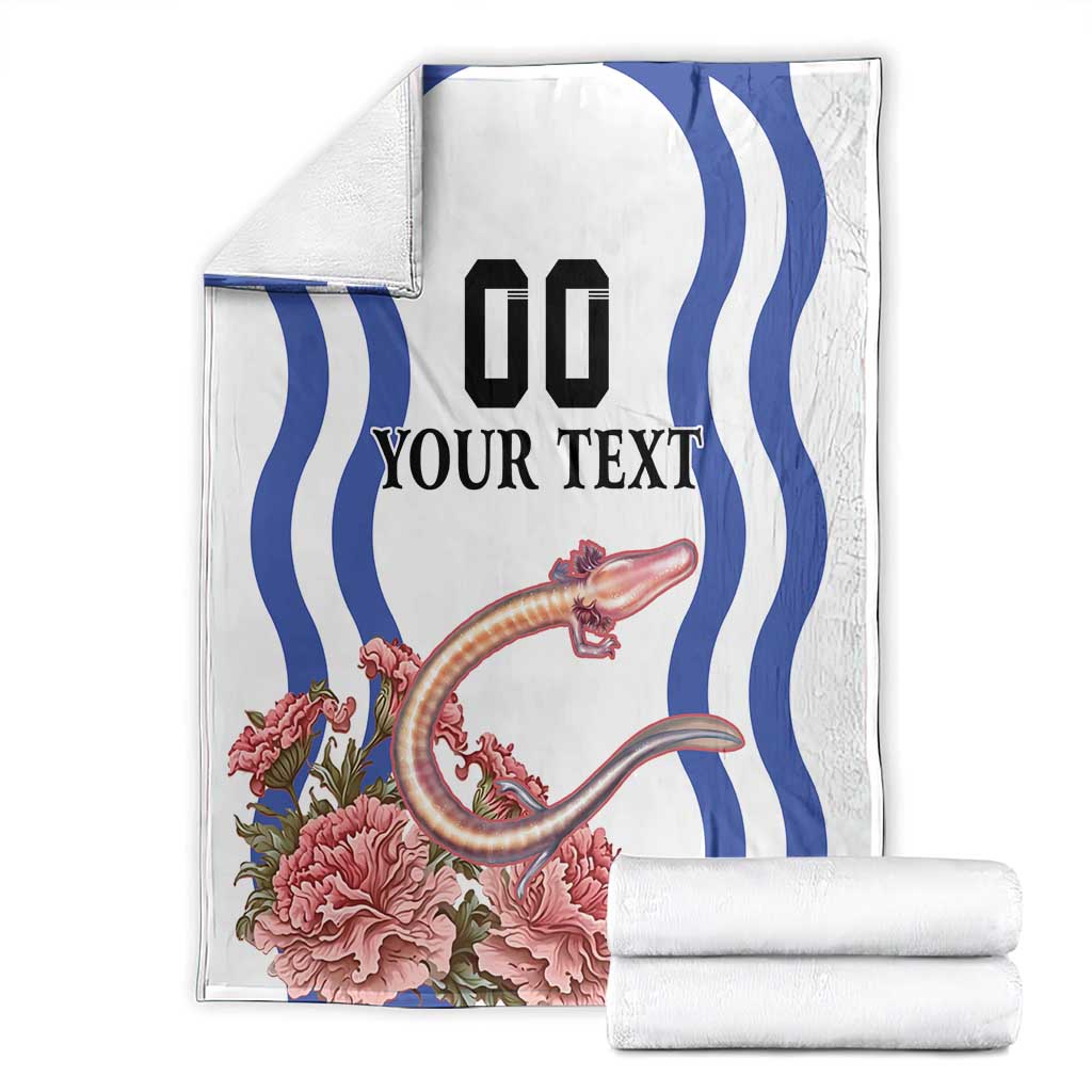Folded white blanket set with blue wavy stripes, pink flowers, and “YOUR TEXT”