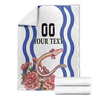 Folded white blanket set with blue wavy stripes, pink flowers, and “YOUR TEXT”