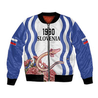 White and blue wave bomber jacket with floral graphic and front zip, black rib trim