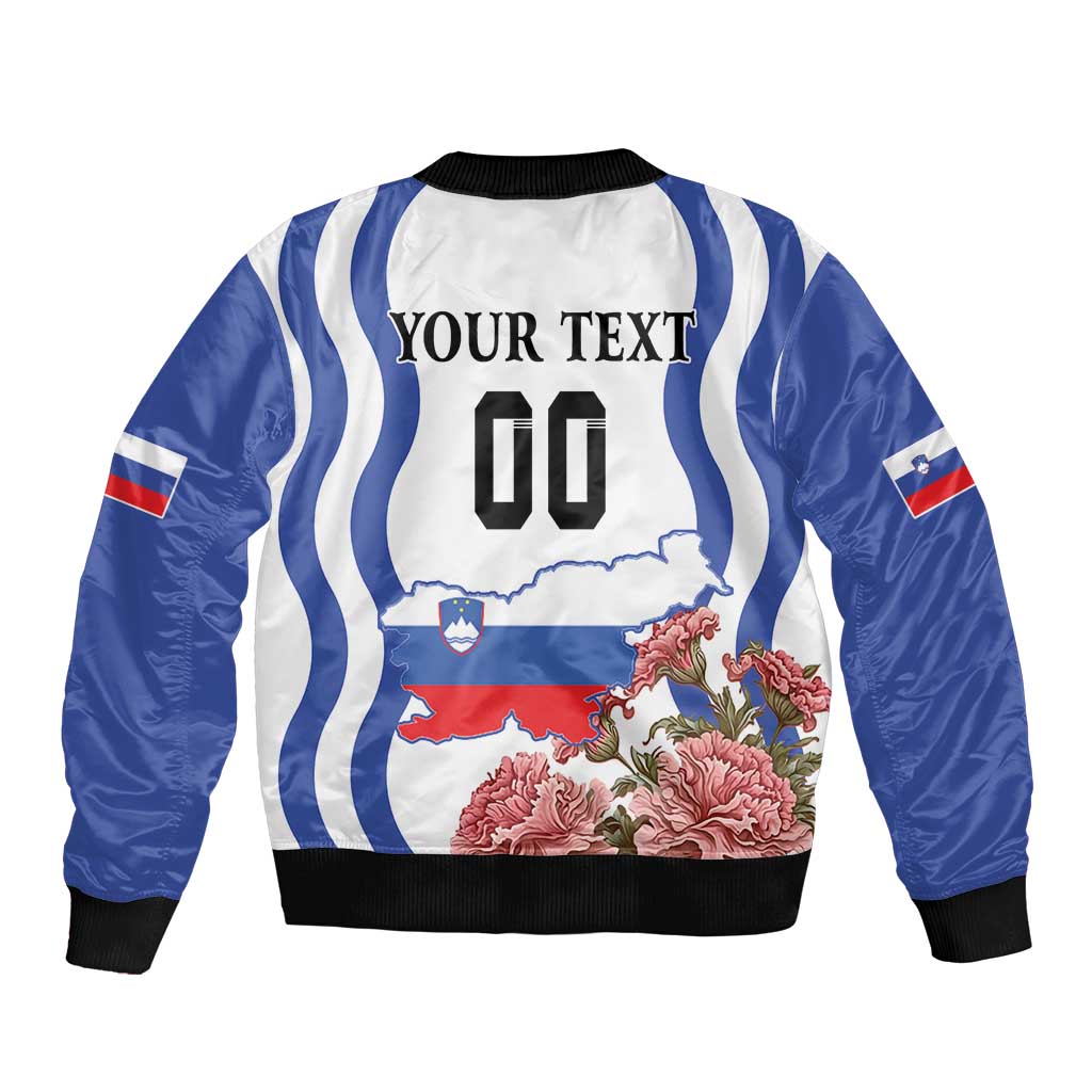 Bomber jacket back with Your Text over Slovenia outline, floral border and black rib trim