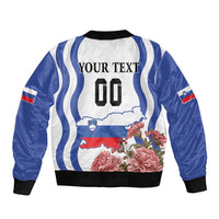 Bomber jacket back with Your Text over Slovenia outline, floral border and black rib trim