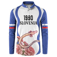 White and blue raglan button sweatshirt with 1990 Slovenia print, dragon and flowers