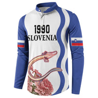 White and blue raglan button sweatshirt with 1990 Slovenia front and flower dragon design