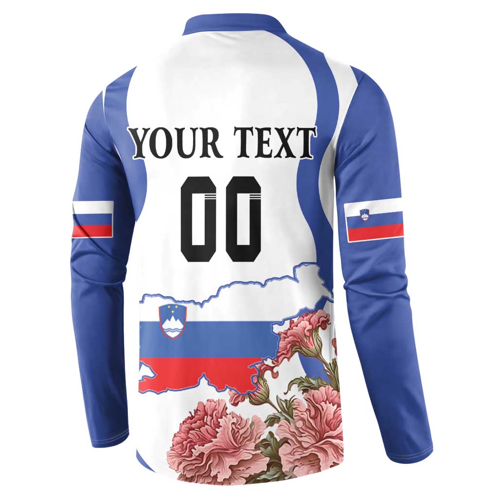 White and blue raglan button sweatshirt back: YOUR TEXT 00 over Slovenia map with flowers