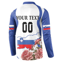 White and blue raglan button sweatshirt back: YOUR TEXT 00 over Slovenia map with flowers