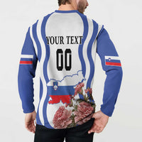 Back view raglan button sweatshirt: YOUR TEXT 00 and Slovenia map with red flowers
