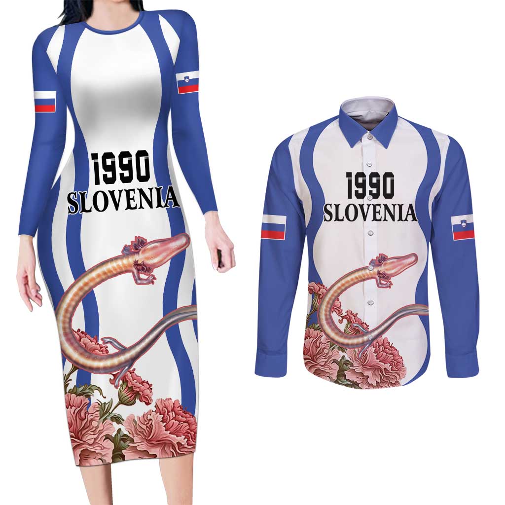 Custom Slovenia Independence Day Couples Matching Long Sleeve Bodycon Dress and Long Sleeve Button Shirt The Olm With Carnation Flowers - Wonder Print Shop