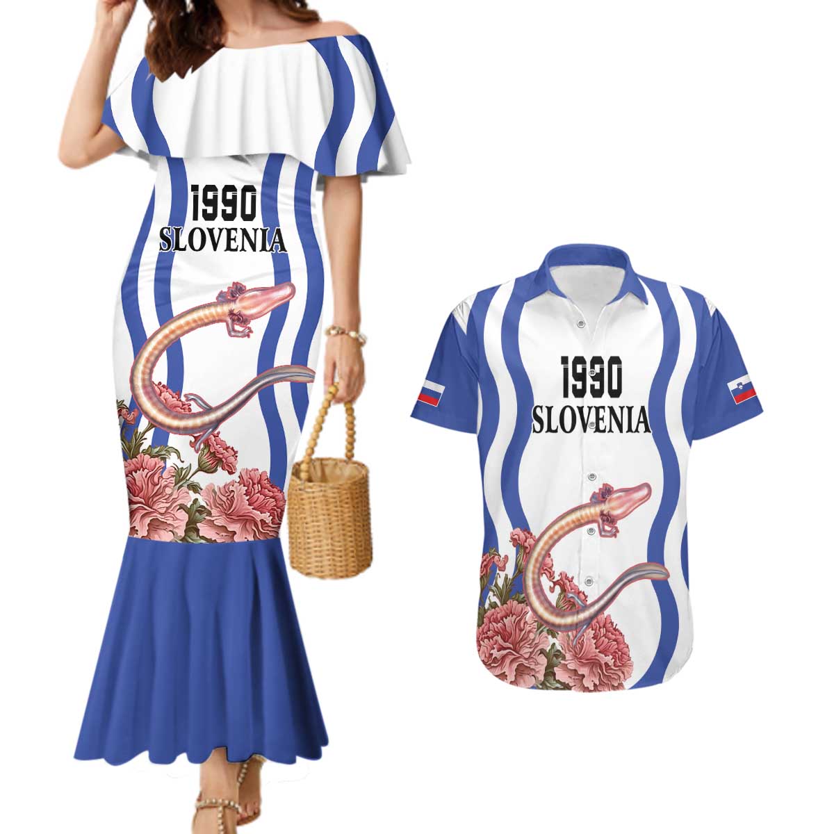 Custom Slovenia Independence Day Couples Matching Mermaid Dress and Hawaiian Shirt The Olm With Carnation Flowers - Wonder Print Shop