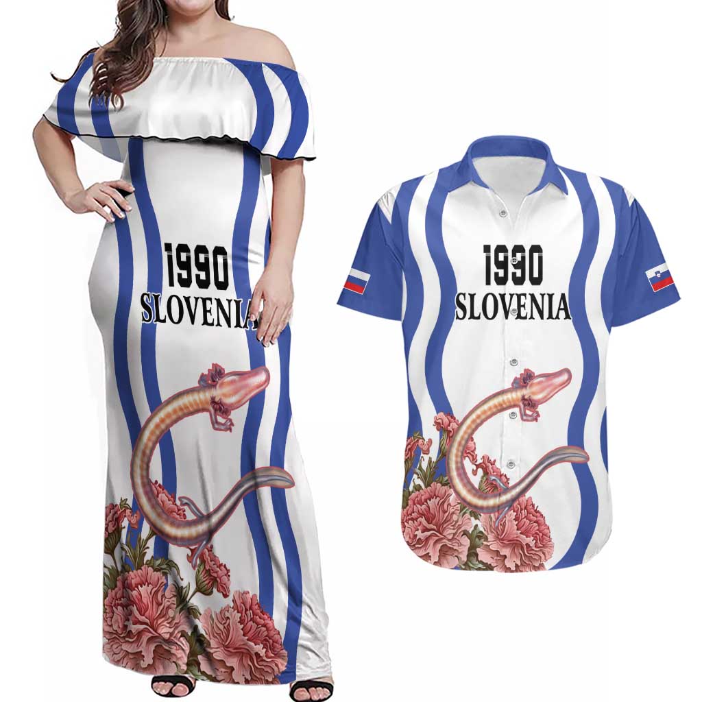 Custom Slovenia Independence Day Couples Matching Off Shoulder Maxi Dress and Hawaiian Shirt The Olm With Carnation Flowers - Wonder Print Shop