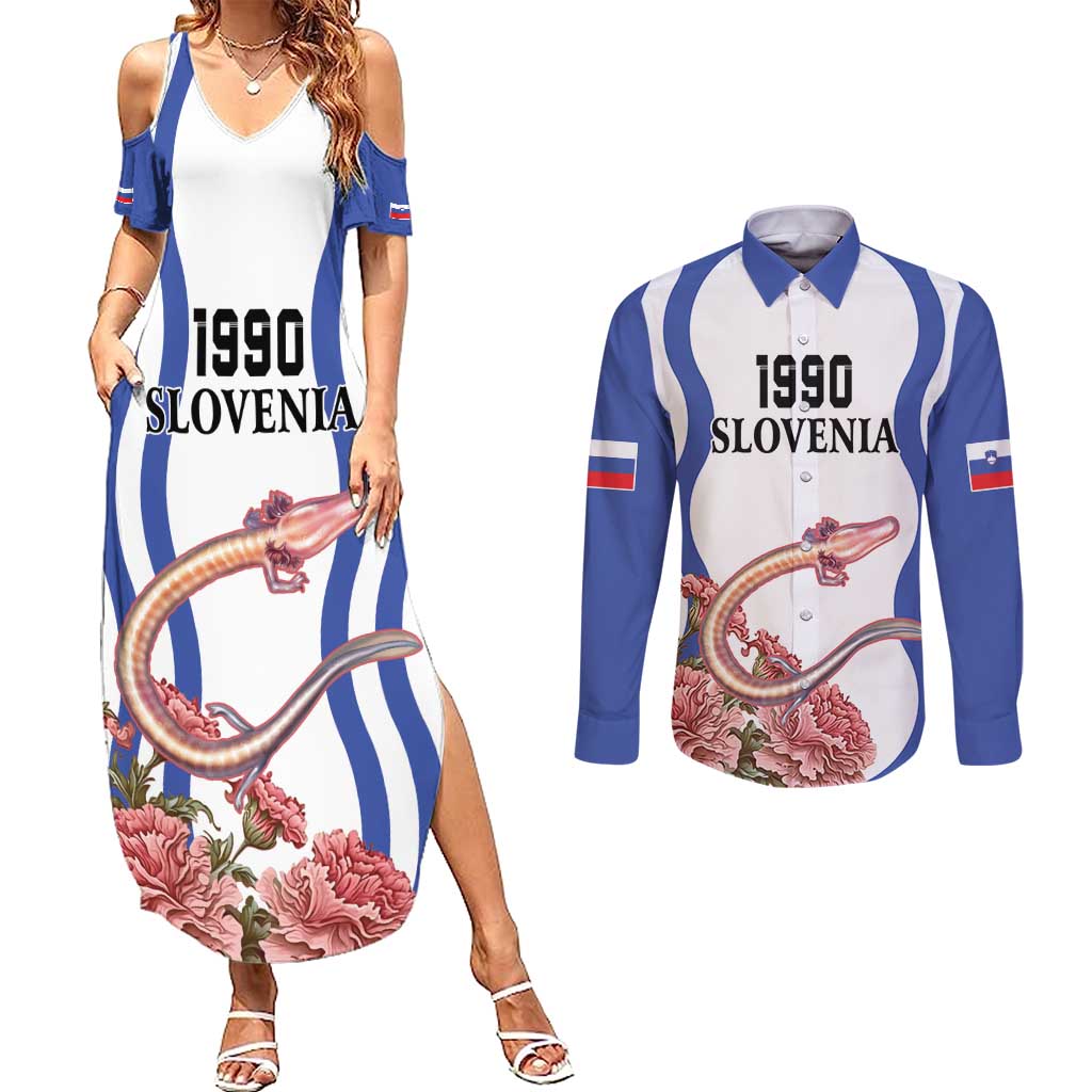 Custom Slovenia Independence Day Couples Matching Summer Maxi Dress and Long Sleeve Button Shirt The Olm With Carnation Flowers - Wonder Print Shop