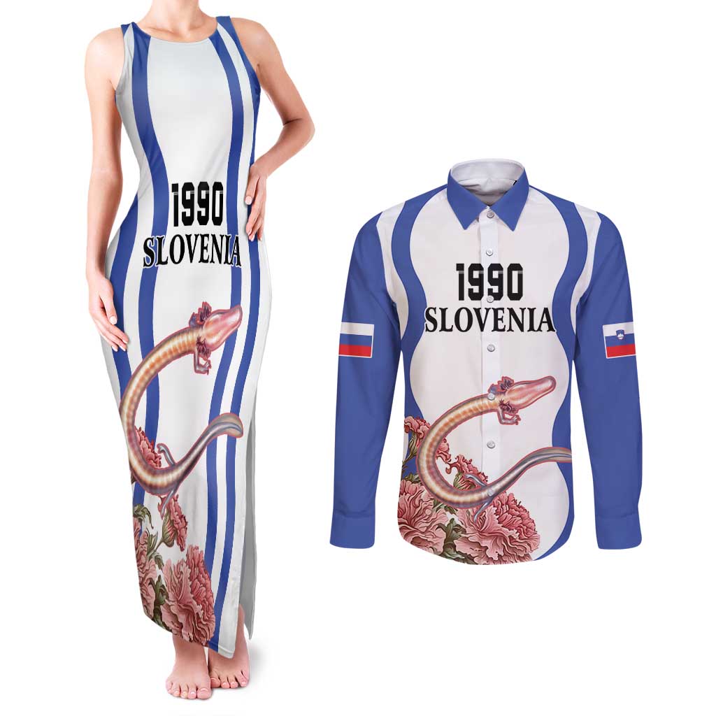 Custom Slovenia Independence Day Couples Matching Tank Maxi Dress and Long Sleeve Button Shirt The Olm With Carnation Flowers - Wonder Print Shop