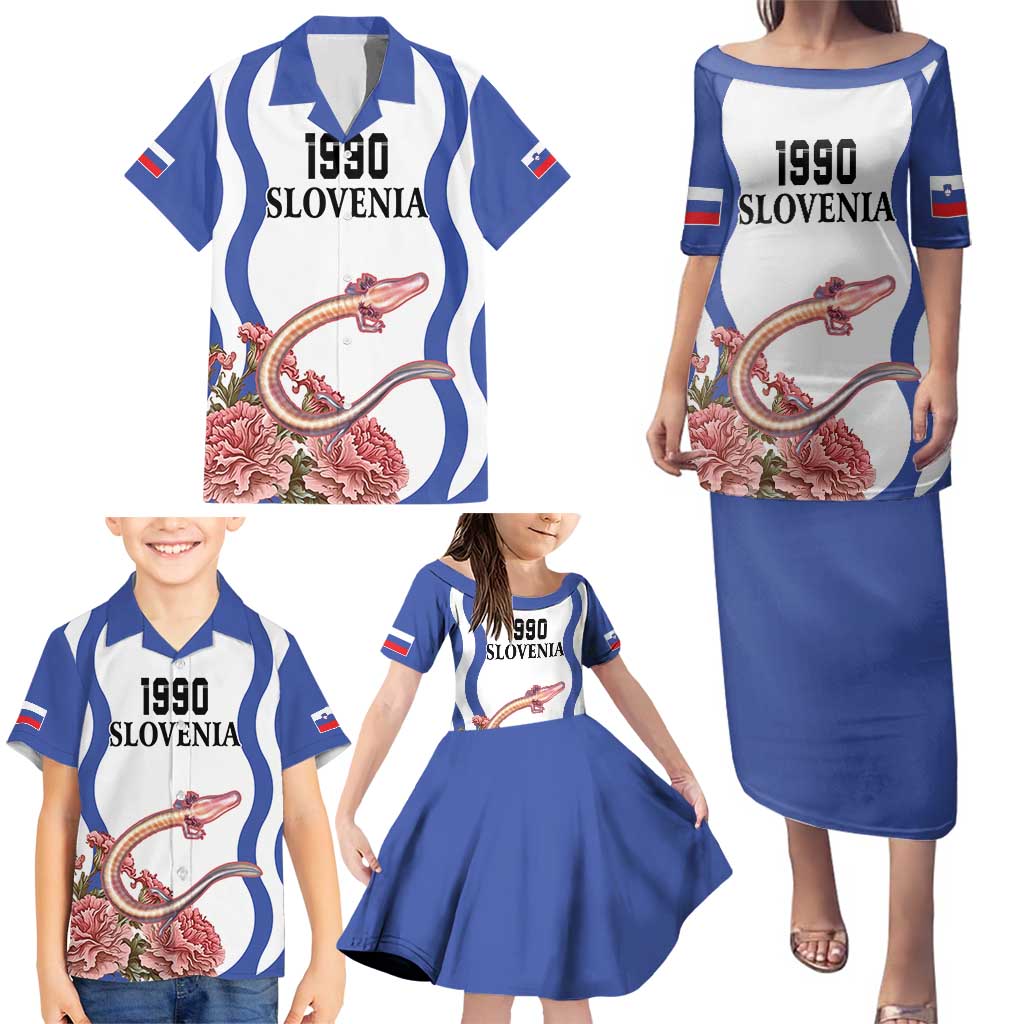 Custom Slovenia Independence Day Family Matching Puletasi and Hawaiian Shirt The Olm With Carnation Flowers - Wonder Print Shop