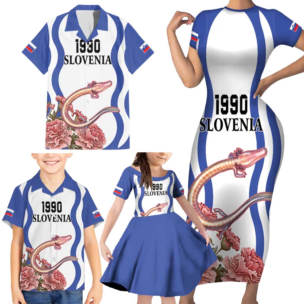 Custom Slovenia Independence Day Family Matching Short Sleeve Bodycon Dress and Hawaiian Shirt The Olm With Carnation Flowers - Wonder Print Shop