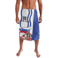 Blue-and-white sarong-style wrap skirt with floral print and elastic waistband