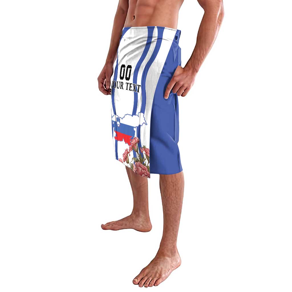 White and blue sarong-style wrap skirt with map and floral print, elastic waist