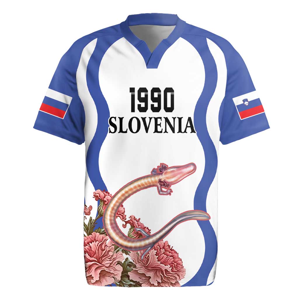 Custom Slovenia Independence Day Rugby Jersey The Olm With Carnation Flowers - Wonder Print Shop