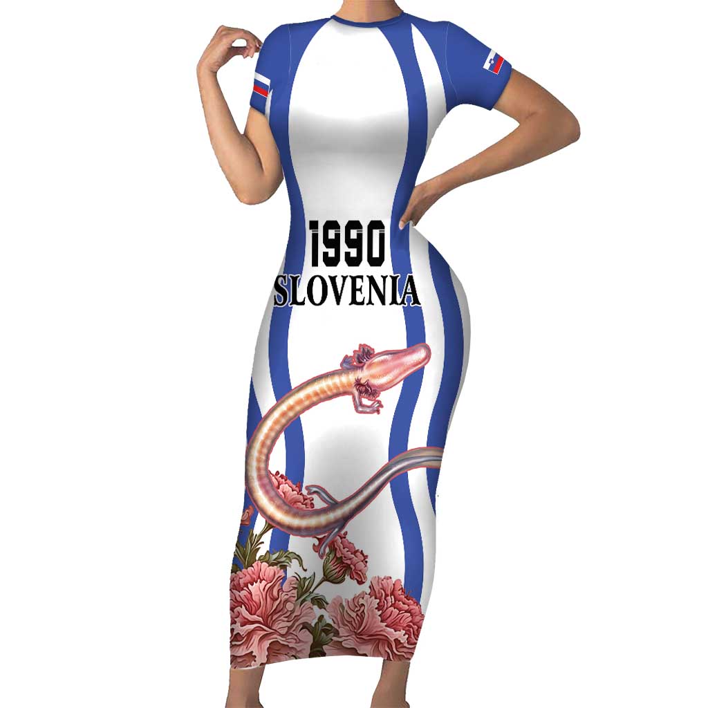 Custom Slovenia Independence Day Short Sleeve Bodycon Dress The Olm With Carnation Flowers - Wonder Print Shop