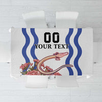 Custom Slovenia Independence Day tablecloth, white with blue wavy stripes and pink flowers
