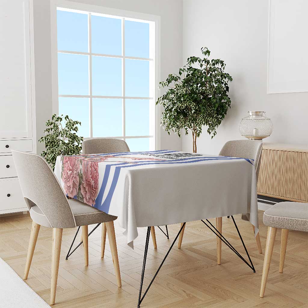 Custom Slovenia Independence Day tablecloth draped on a dining table, white with blue stripes