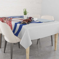 Custom Slovenia Independence Day tablecloth on a tabletop, white with blue stripe and pink accents