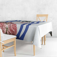 Custom Slovenia Independence Day tablecloth corner view, white with blue stripe and pink floral print