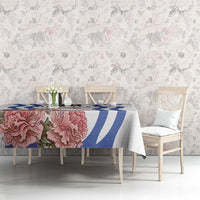Custom Slovenia Independence Day tablecloth on dining table, white with pink flowers and blue stripes