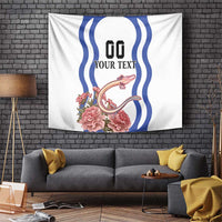 Custom white tapestry with blue wave design, floral accents, and space for text