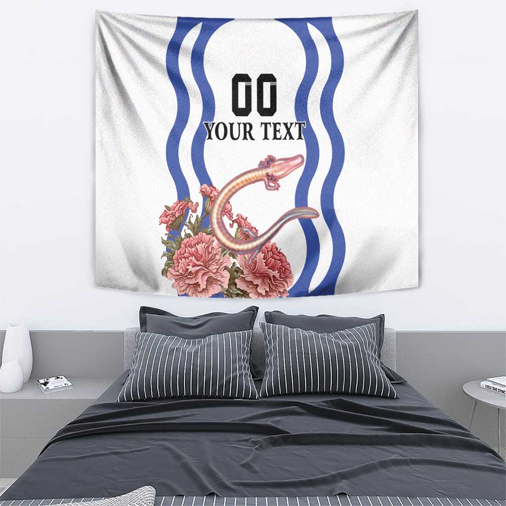 Custom white wall tapestry with blue wave border, pink flowers, and YOUR TEXT area