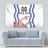 Custom white wall hanging tapestry with blue wave frame, pink flowers, and text placeholder