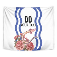 Custom white tapestry close-up with blue wave shapes, pink flowers, and "YOUR TEXT"