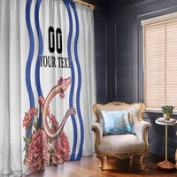 White curtain panel with blue wave stripes and red carnation flowers, draped beside window