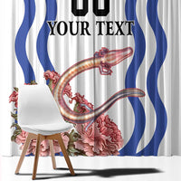 White curtain with blue wave stripes and red carnation bouquet, custom text on center panel